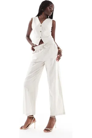 VERO MODA Pantalones de sastre color piedra de pernera ancha con cordón ajustable en la cintura de (parte de un conjunto)-Neutro