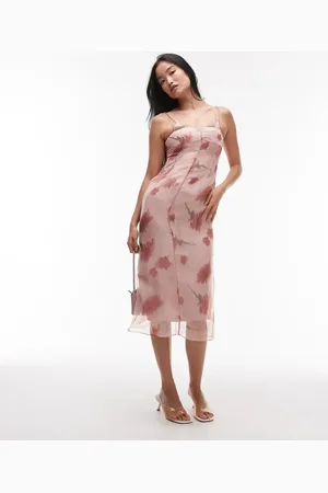 MANGO Vestido midi rosa pastel con diseño de dos capas y cuello de pico de