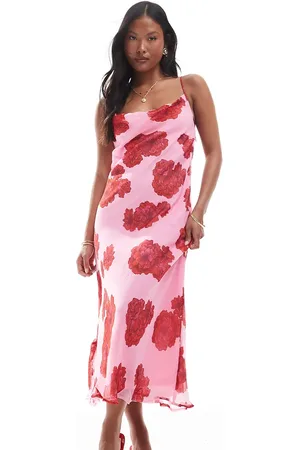 VERO MODA Vestido midi rojo y rosa de tirantes con floral y cuello desbocado Smilla de