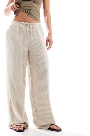 JJXX Pantalones beis a rayas de mezcla de lino de -Neutro