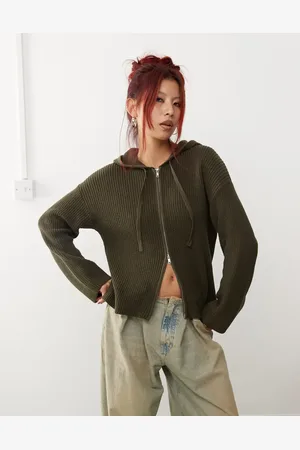Monki Cárdigan con cremallera y capucha de punto de canalé de
