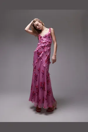 Topshop Vestido lencero largo de tirantes con estampado floral y volantes de