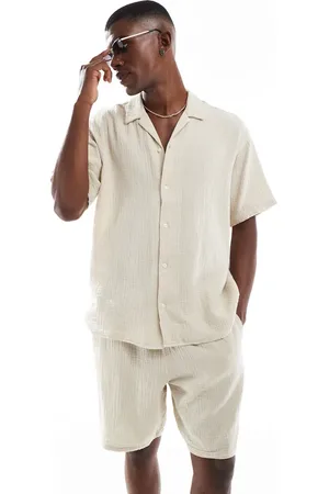 JACK & JONES Conjunto color crema de pantalones cortos y camisa con cuello de solapas de tejido texturizado de -Blanco