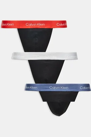 Calvin Klein Pack de 3 tangas negros con cinturillas de color rojo y azul de algodón elástico Icon Cotton Stretch de