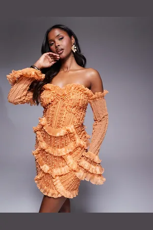 ASOS Vestido corto con escote Bardot, bajo festoneado y pedrería de