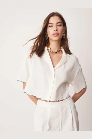 New Look Camisa corta color con ribetes de punto festón de (parte de un conjunto)-Blanco
