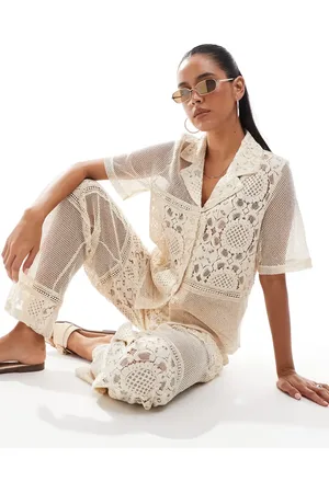 Object Camisa color crema con diseño parcheado de croché de (parte de un conjunto)-Blanco