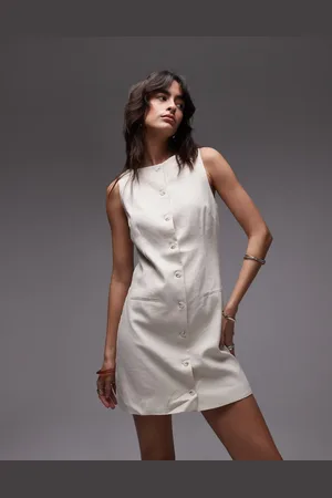 MANGO Vestido corto color de corte recto con botones de mezcla de lino de -Neutro