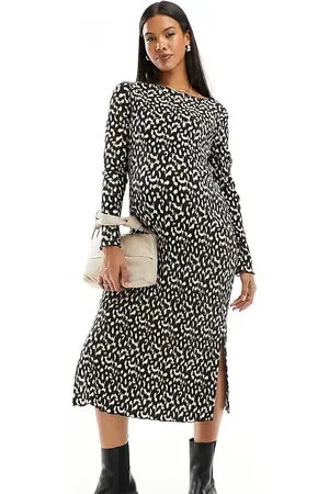 Mama;licious Vestido midi plisado con estampado de leopardo y abertura lateral de Mamalicious Maternity-Multicolor
