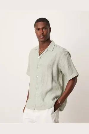 SELECTED Camisa verde con cuello de solapas de lino de
