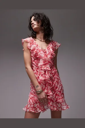 Topshop Vestido corto con estampado floral , pliegues y volantes de
