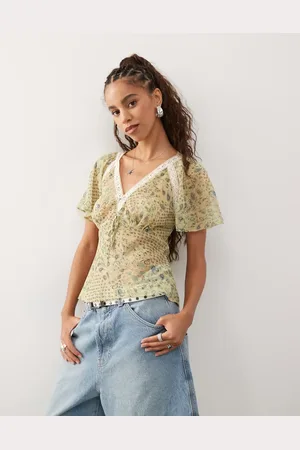 Reclaimed Top de tarde verde con estampado de cachemir y ribete de encaje de
