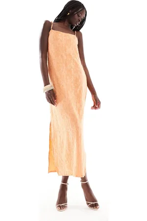 Object Vestido midi naranja de tirantes con acabado texturizado de