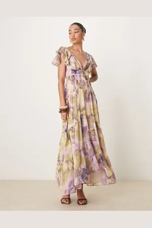 ASOS Vestido largo con estampado floral difuminado, bajo asimétrico, diseño fruncido y mangas fluidas de -Multicolor