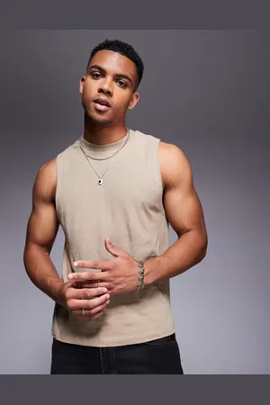 ASOS Camiseta color piedra de corte cuadrado sin mangas con cuello redondo de mezcla de lino de -Neutro
