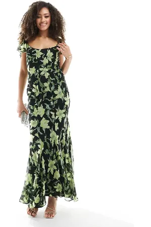ASOS Vestido largo negro y verde de corte al bies con , mangas fluidas y cuello ancho de -Multicolor