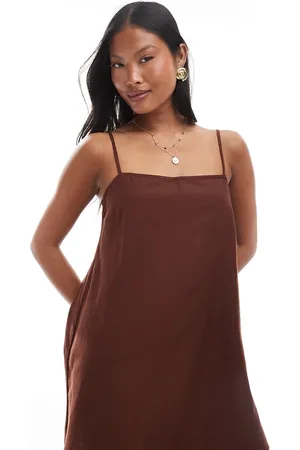 VERO MODA Vestido corto marrón cómodo de tejido efecto lino de