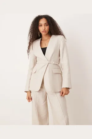 MANGO Americana color avena con cuello de pico, cintura ceñida y detalle de cinturón de lino de (parte de un conjunto)-Neutro