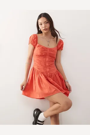 Reclaimed Vestido veraniego corto rojo mandarina con escote cuadrado y cintura baja de -Multicolor