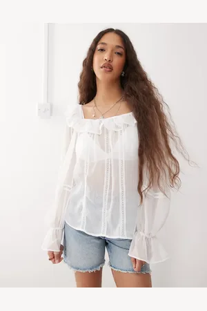 Reclaimed Top blanco transparente con escote cuadrado, volantes y ribete de encaje de