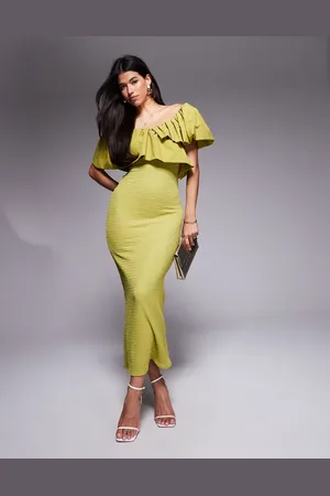 ASOS Vestido midi verde de tejido texturizado con volantes de tejido en contraste de