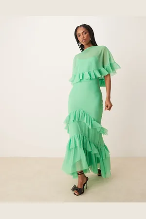 ASOS Vestido largo verde luminoso de corte al bies con capa superpuesta y volantes de