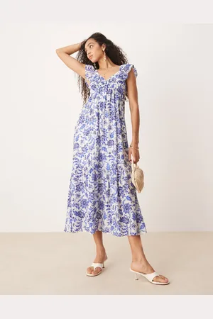 MANGO Vestido midi con estampado botánico y mangas de volantes de