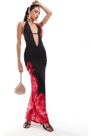 Murci Vestido largo negro y rojo escotado con estampado floral y cuello halter de -Multicolor
