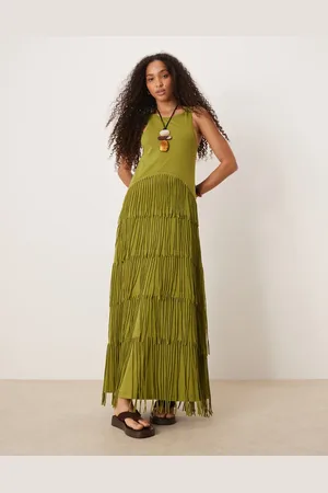 ASOS Vestido largo con cuello de nadadora y flecos de