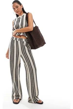 Object Pantalones de pernera ancha a rayas monocromáticas de punto calado de (parte de un conjunto)-Blanco