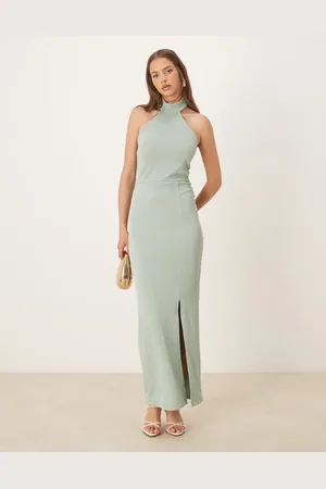 VILA Vestido largo verde empolvado con cuello halter de punto texturizado de
