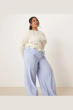VILA Pantalones dad azules a rayas de pernera ancha y talle alto con bajos vueltos de