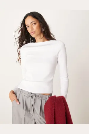 Abercrombie & Fitch Top blanco mate de manga larga con cuello barco y diseño moldeador de