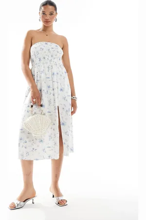 Hollister Vestido midi sin tirantes con estampado floral azul, diseño de paneles y cintura caída de