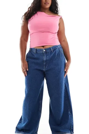 ASOS Vaqueros azul medio liso de corte paralelo con bajos vueltos de ASOS DESIGN Curve