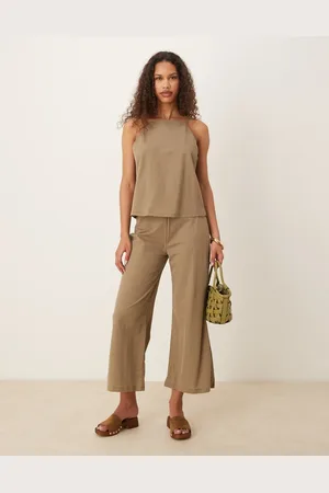 MANGO Pantalones de pernera ancha con cintura elástica de mezcla de lino de (parte de un conjunto)-Neutro