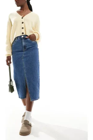 VERO MODA Falda vaquera semilarga azul medio con abertura delantera de