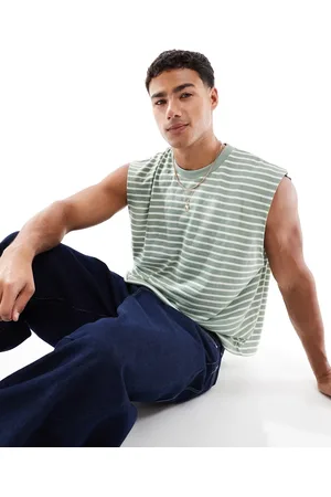 ASOS Camiseta a rayas blancas y verde sin mangas de corte cuadrado extragrande de