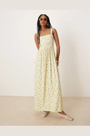 ASOS Vestido midi amarillo con escote cuadrado y estampado de florecitas de -Multicolor