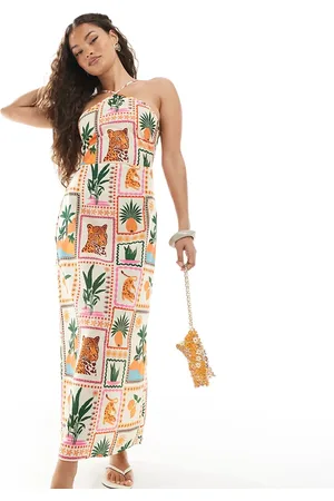 VERO MODA Vestido largo con estampado tropical de postales y cuello halter de -Multicolor