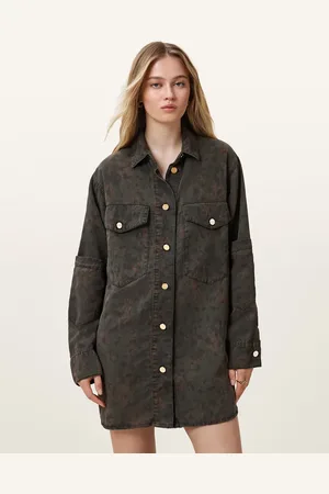 AllSaints Vestido camisero verde con estampado de leopardo Faye de