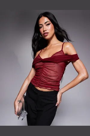 ASOS Top fruncido con escote Bardot y diseño de dos capas de malla de -Rojo