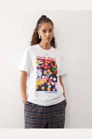 Reclaimed Camiseta blanca extragrande con estampado floral con licencia de Monet de