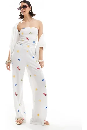 ASOS Pantalones blancos de pernera recta con bordado playero de (parte de un conjunto)