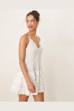 Miss Selfridge Vestido playero corto color con cintura baja de bambula de -Blanco