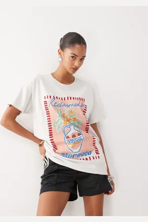 Reclaimed Camiseta amarillo pastel lavado extragrande con estampado artístico de jarrón de -Blanco