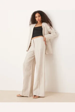 MANGO Pantalones color avena de pernera recta y talle medio de mezcla de lino de (parte de un conjunto)-Neutro
