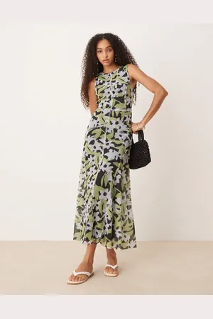 ASOS Vestido largo con estampado oscuro y costuras a la vista de malla de -Multicolor