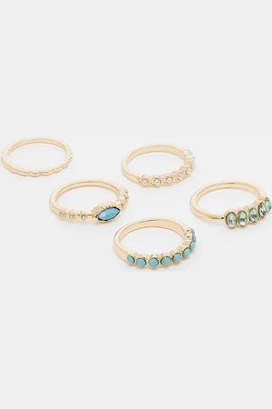 ASOS Multipack de anillos variados dorados con detalle de piedras de imitación y piedras azules de ASOS DESIGN Curve