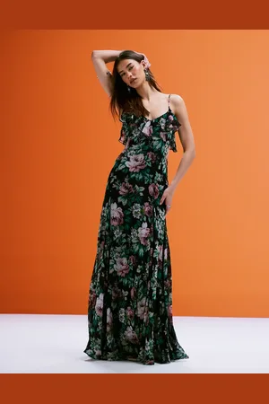 MANGO Vestido largo en tonos intensos con estampado floral y volantes de chifón de